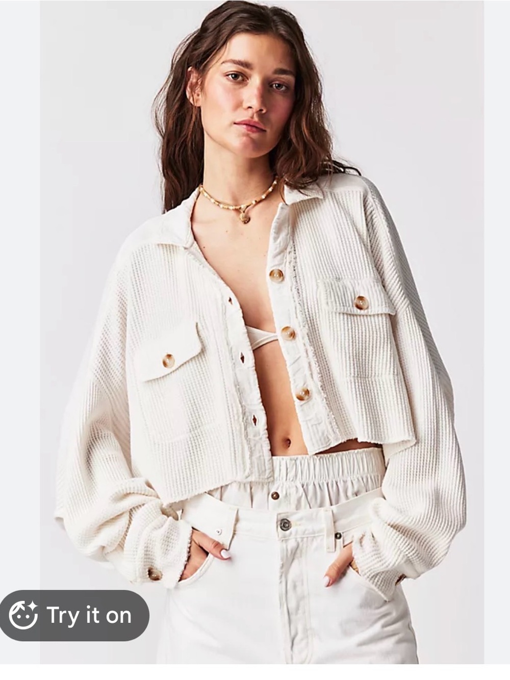 Free People FP One Scout Cropped Jacket with boxy silhouette and waffle-knit